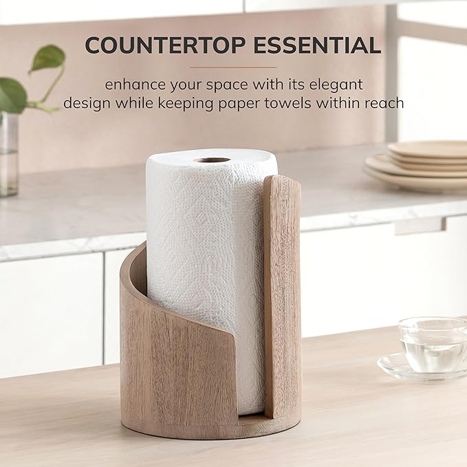 Anji Mountain Paper Towel Holder Countertop with Mango Wood Round Base and Iron Holder,Holder Stand for Kitchen Roll Organize,Wooden Paper Towel Holder for Kitchen Dining Table Home Decor