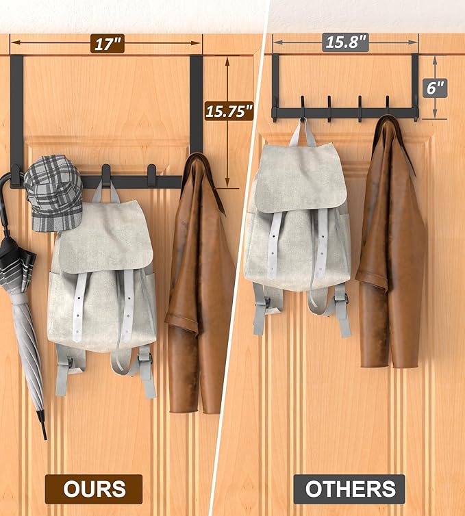 Long Over The Door Hooks with 15.75-inch Arms for Easier Access by Women, Heavy Duty Door Hanger for Winter Coat, L16U, Fits Standard 1 3/4'' Doors, Towel Racks Organization, Black