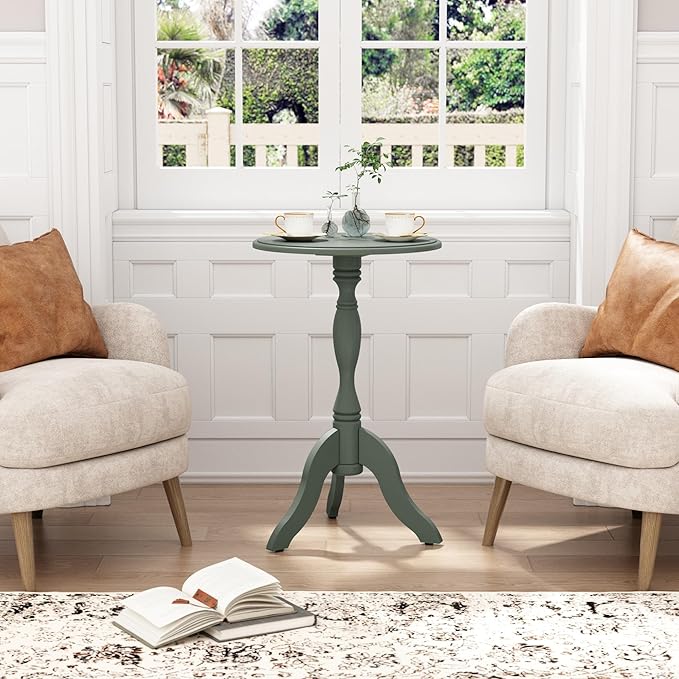 HLR Round Small End Table, Wooden Pedestal Side Coffee Tables, Vintage Accent Nightstand for Living Room, Bedroom, Entryway (2, Green)