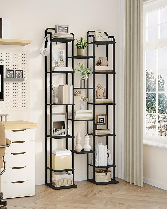 Vertical Shoe Rack, Shoe Shelves, Wood Shoe Organizer for Closet, Entryway, Shoe Tower for Small Spaces, Free Standing, Adjustable, with 2 Hooks, 10 Tier Black SR11204B-NeatNest