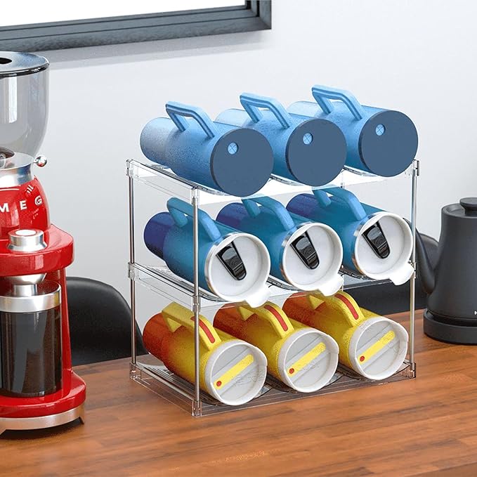 IEEK Plastic Stackable Bottle Storage Holder Rack,Free-Standing Water Bottle/Wine and Drink Organizer Shelf for Kitchen Cabinet,Fridge,Countertop,Pantry,Freezer,2 TiersX3 Bottles,Clear