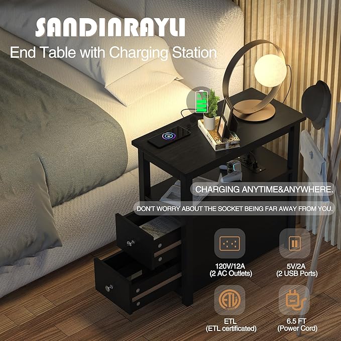 Sandinrayli End Table with Charging Station, Side Table with 2 Drawer & USB Ports & Power Outlets, Nightstand for Small Spaces, Bedside Tables for Living Room Black