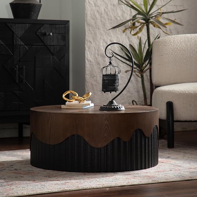 30.31" Round Coffee Table for Living Room Circle Coffee Table Modern Fluted Coffee Tables Cake Center Tables for Apartment No Assembly Black & Brown