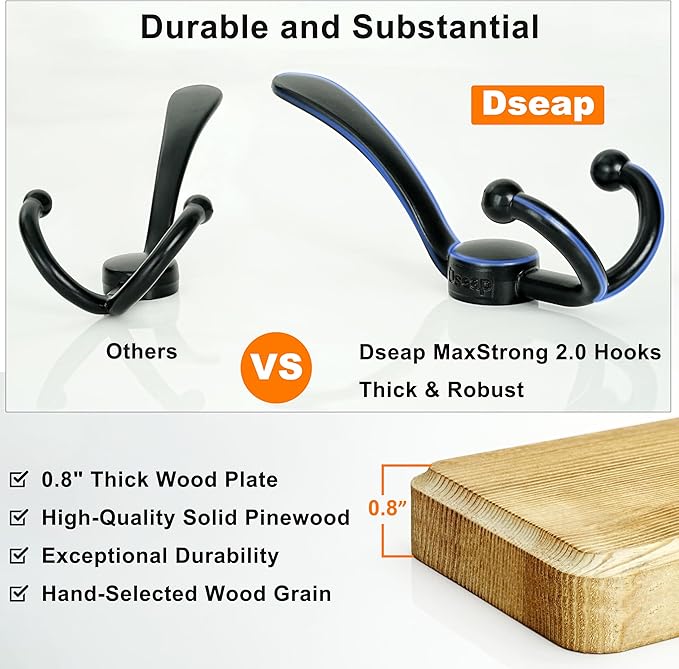 Dseap Coat Rack Wall Mounted - 24" Long 6 Tri Hooks, Heavy Duty Wooden Wall Coat Hanger Coat Hook for Clothes Hat Jacket Clothing, Natural and Black, Pack of 2