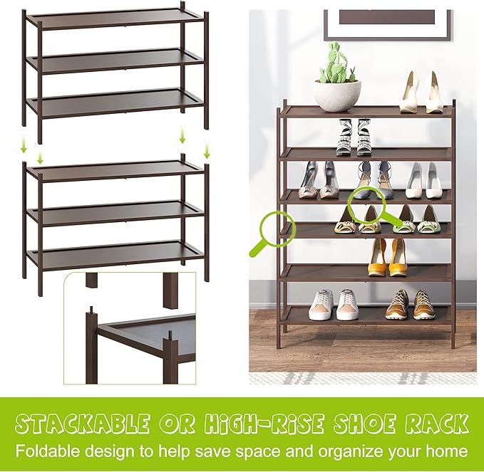 BMOSU 3-Tier Bamboo Shoe Rack Premium Stackable Shoe Shelf Storage Organizer for Hallway Closet Living Room Entryway Organizer(Brown)-NeatNest