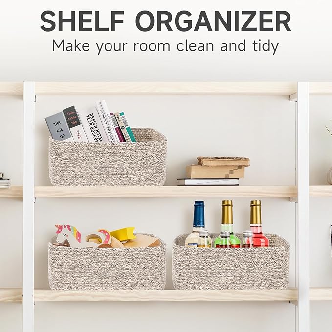 3-Pack Storage Baskets for Organizing | Woven Shelf Toy Basket | Rope Baskets for Gifts Empty | Closet Organizer Bins with Handles | Cube Decorative Box | 13.7×7.1×6.7” | Mixed brown-NeatNest