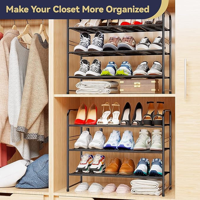 3-Tier 27” Wide Shoe Rack for Closet, Metal Stackable Shoe Shelf Organizer, Black-NeatNest