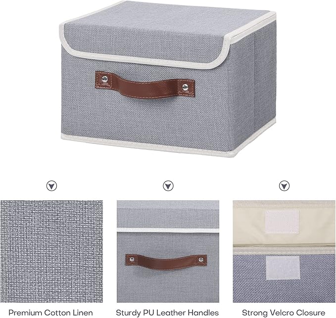ANMINY 2PCS Storage Bins with Lid PU Leather Handles Storage Boxes PP Plastic Board Decorative Foldable Lidded Cotton Linen Fabric Home Cubes Baskets Closet Organizer Containers - Gray, Small Size-NeatNest