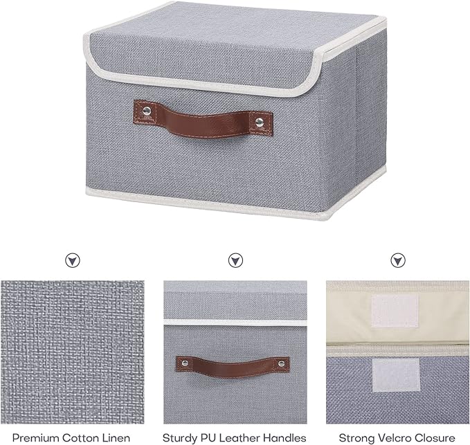 ANMINY 4PCS Storage Bins with Lid PU Leather Handles Storage Boxes PP Plastic Board Decorative Foldable Lidded Cotton Linen Fabric Home Cubes Baskets Closet Organizer Containers - Gray, Small Size-NeatNest
