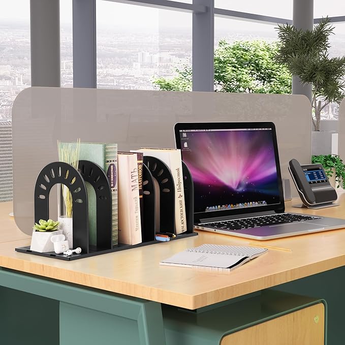 Adjustable File Organizer for Desk, Sturdy Plastic Expandable Upright File Holder for Notebooks, Magazines, Desktops, Bookshelves and Offices, Easy to Assemble and Expand (Black)