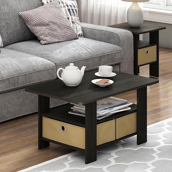 Furinno Coffee Table with Bins, Espresso/Brown-NeatNest