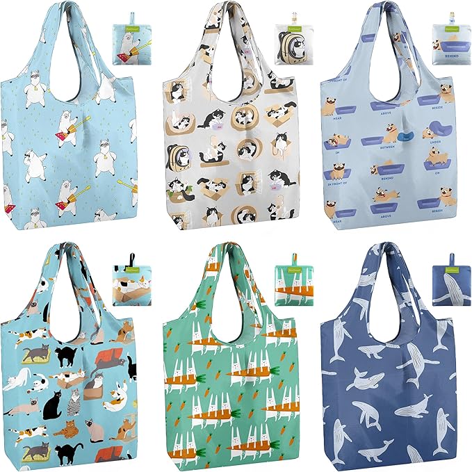 BeeGreen Reusable Grocery Bags 6 Pack, Heavy Duty Totes for Women, Foldable Grocery Bag Large Shopping Totes with Handles for Work, Travel, Gift, Store, Polyester Washable Reusable Tote Bag-NeatNest