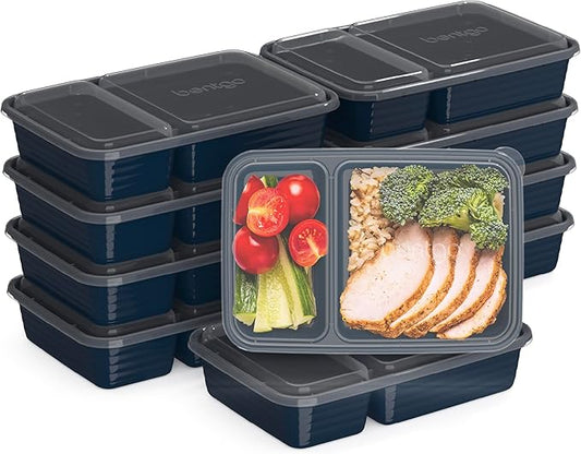 Bentgo 20-Piece Lightweight, Durable, Reusable BPA-Free 2-Compartment Containers - Microwave, Freezer, Dishwasher Safe - Navy Blue-NeatNest