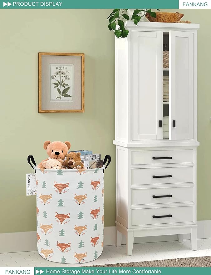 FANKANG Storage Basket, Nursery Hamper Canvas Laundry Basket Foldable with Waterproof PE Coating Large Storage Baskets for Kids Boys and Girls, Office, Bedroom, Clothes,Toys(Fox )