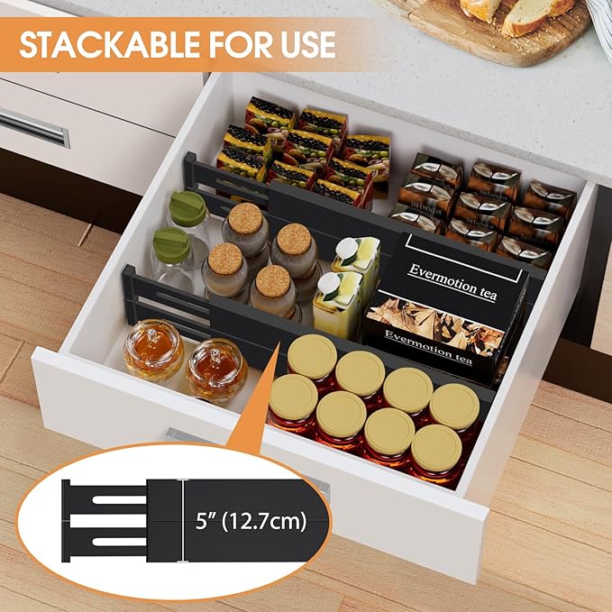 Bamboo Drawer Dividers Organizers, Kitchen Drawer Organizer, Adjustable Drawer Divider for Clothes, Kitchen, Dresser, Bedroom, Bathroom and Office, 4-Pack (Black, 12-17 IN)-NeatNest