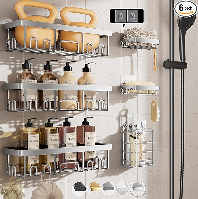 Veken Shower Caddy 6-Pack, Family Choice Award Winner, Large Wall Mounted Shower Rack, Bathroom Shelves Over Toilet, Organizer Storage Accessories with Soap Dish&Toothbrush Holder-NeatNest