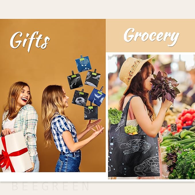 BeeGreen Reusable Grocery Bags for Groceries | Foldable Tote Bags with Handles Reusable Gift 6 Set - Heavy Duty Washable Polyester Travel and Shopping Basket - Bulk Bag for Women Animal Lovers-NeatNest