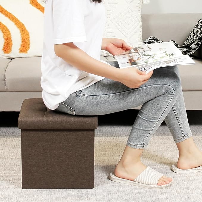 B FSOBEIIALEO Storage Ottoman Cube, Toy Chest Folding Footrest for Living Room Seat, 12.6"X12.6"X12.6" (Linen Brown)