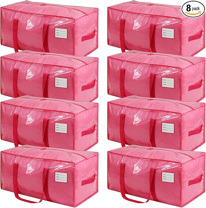 8 Pack Extra Heavy Duty Large Moving Bags with Comfortable Handle & Strong Zipper,Storage Totes for Space Saving Moving Storage College Supplies Alternative to Moving Box,Pink