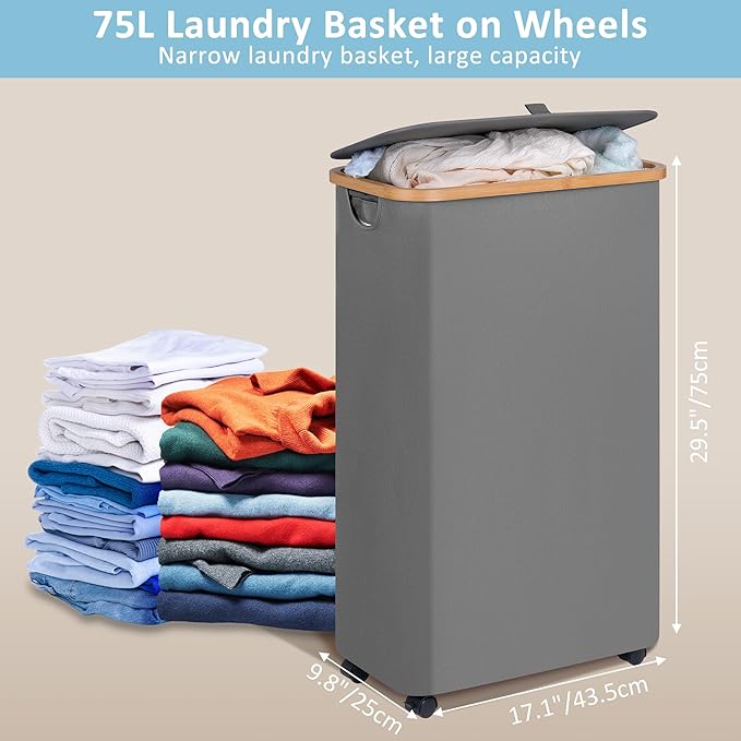 efluky Slim Laundry Basket with Wheels, Narrow Rolling Laundry Hamper with Lid and Removable Bag, Tall Aesthetic Dirty Clothes Hamper on Wheels for Laundry Room, Bedroom, Dorm and Bathroom, 75L Grey-NeatNest