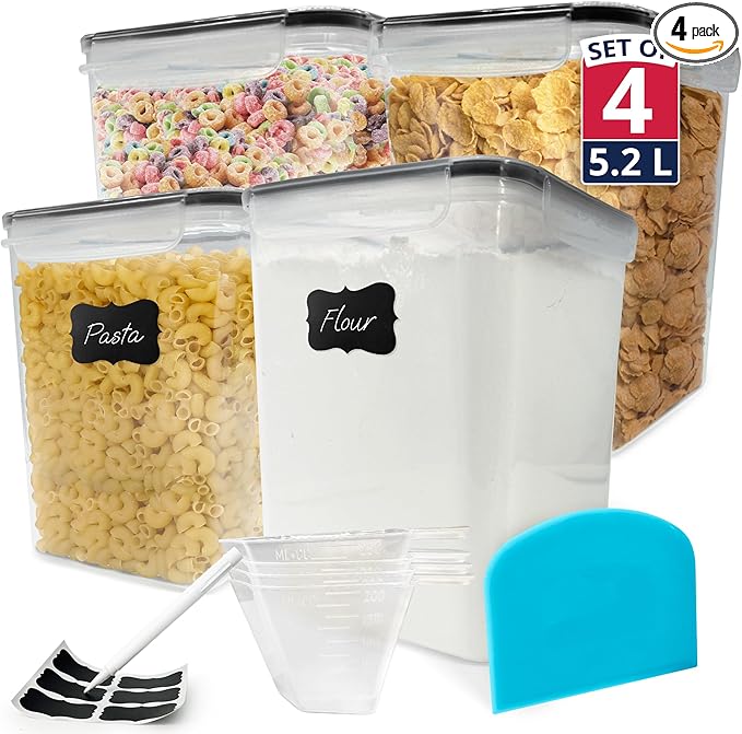 Reli. 5.2L Airtight Food Storage Containers with Lids (4 Sets) | Kitchen Organizers and Storage Pantry Organizers | BPA Free Plastic Container Set w/ 4 Measuring Cups, Dough Scraper, 6 Labels, Pen