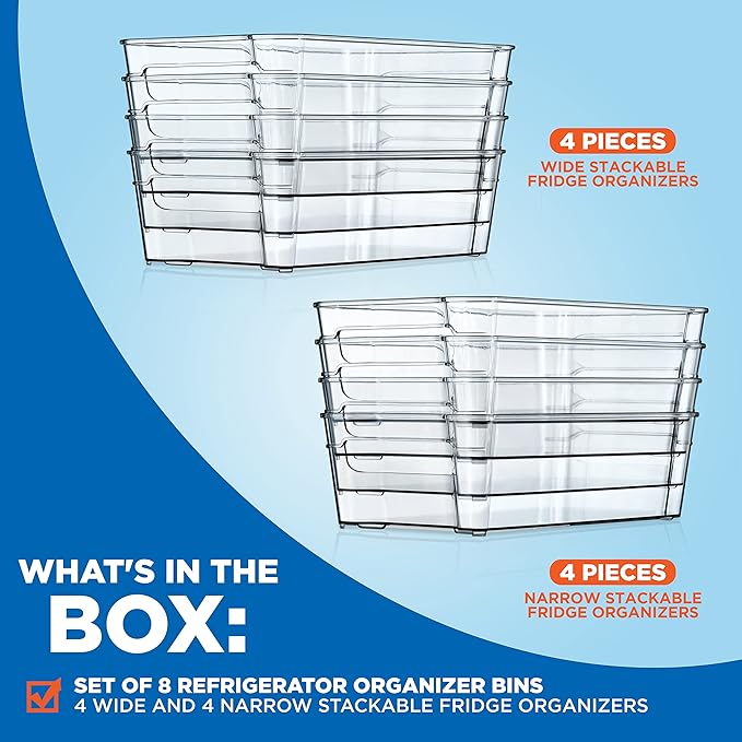 NutriChef Set of 8 Refrigerator Bins-4 Wide and 4 Narrow Stackable Fridge Organizers for Freezer, Kitchen, Countertops, Cabinets-Designed with Practical Carry Handles and Interior, 8 containers, Clear