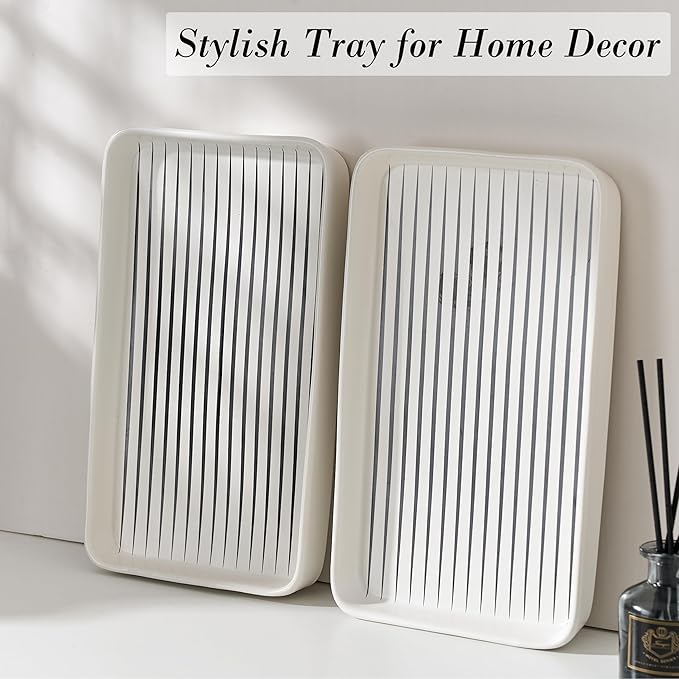 Bathroom Vanity Tray for Countertop,2PC Rectangle Striped Tray,Decorative Bathroom Organizer for Scrubber, Lotion Bottles, Perfume, Jewelry, Candle, Key Trinket Ring(Large,White)-NeatNest