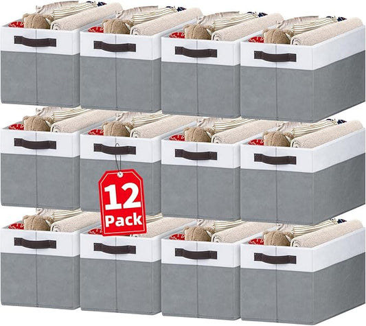 Criusia 12 Pack Large Storage Baskets for Shelves | Fabric Closet Organizers and Storage Bins with Handles for Home Organization | Decorative Collapsible Basket for Organizing Clothes Toy Nursery-NeatNest
