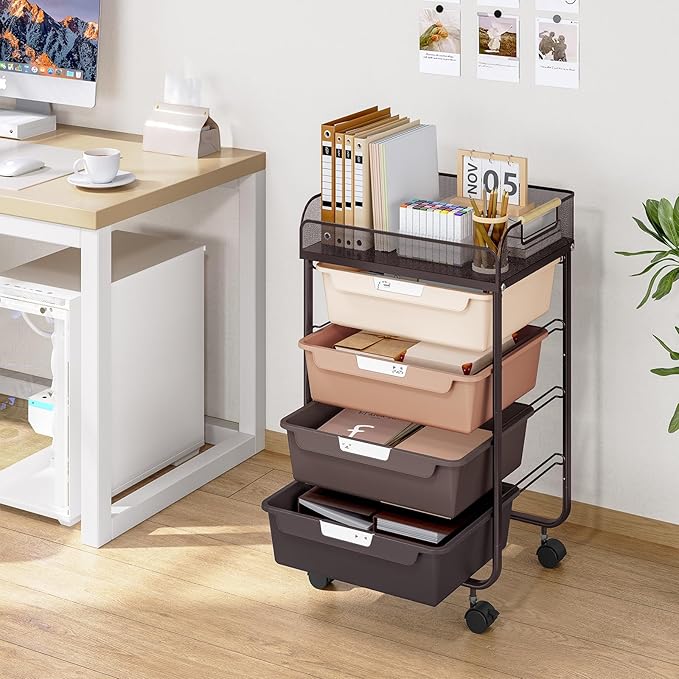 Rolling Cart with 4 Drawers,4 Tiers Rolling Utility Cart Craft Cart,Rolling Storage Drawer Cart with Mesh Top,Storage Cart with Drawers & 4 PCS DIY Lable, Brown