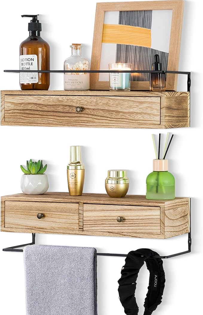 Floating Shelves for Wall Storage, Wall Mounted Bathroom Shelf with Drawers Set of 2, Rustic Wood Wall Shelves for Bedroom, Living Room, Kitchen, Home Decor, Plants, Books-NeatNest