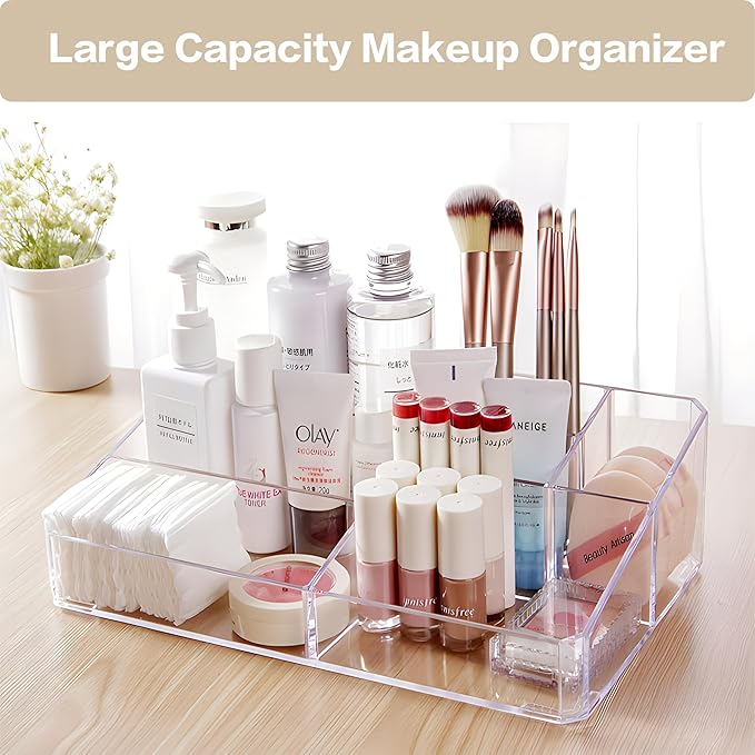 Clear Makeup Organizer, Makeup Brushes Storage Case, Cosmetic Display Case Tray, Tiered Skincare Organizer, Acrylic Lipstick Holder Countertop Desk Brush Organizer for Bedroom Vanity-NeatNest