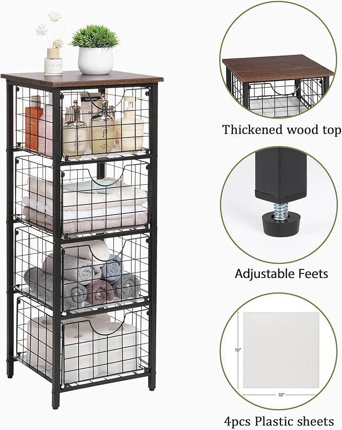 5-Tier FreeStanding Storage Shelves with 4 Pull-Out Baskets,Bathroom Organizer Shelves Unit with WoodTop,Fruit Basket for Kitchen,Storage Tower Organizer Basket Cart for Bathroom,Black