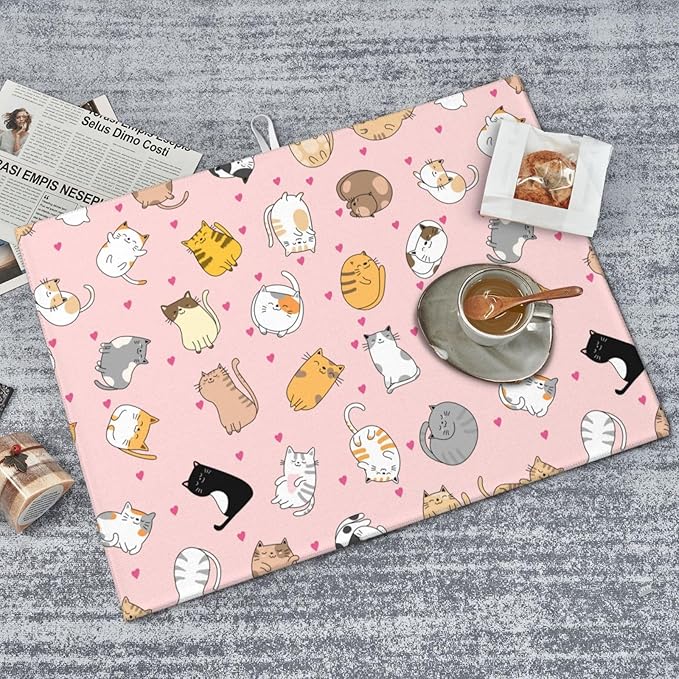 Cute Cat Dish Drying Mat for Kitchen Counter Cute Pink Kitchen Mat Microfiber Kitchen Countertop Absorbent Reversible Drainer Rack Pad Dish Drying Mat 18 x 24 Inch-NeatNest