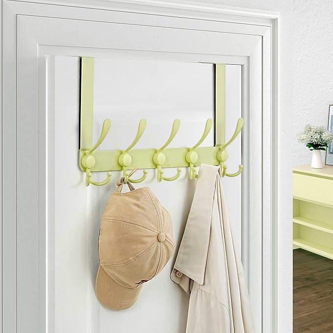 Dseap Over The Door Hook Hanger - 5 Tri Hooks, Heavy Duty Over The Door Towel Rack Coat Rack for Clothes Hat Towel,Yellow