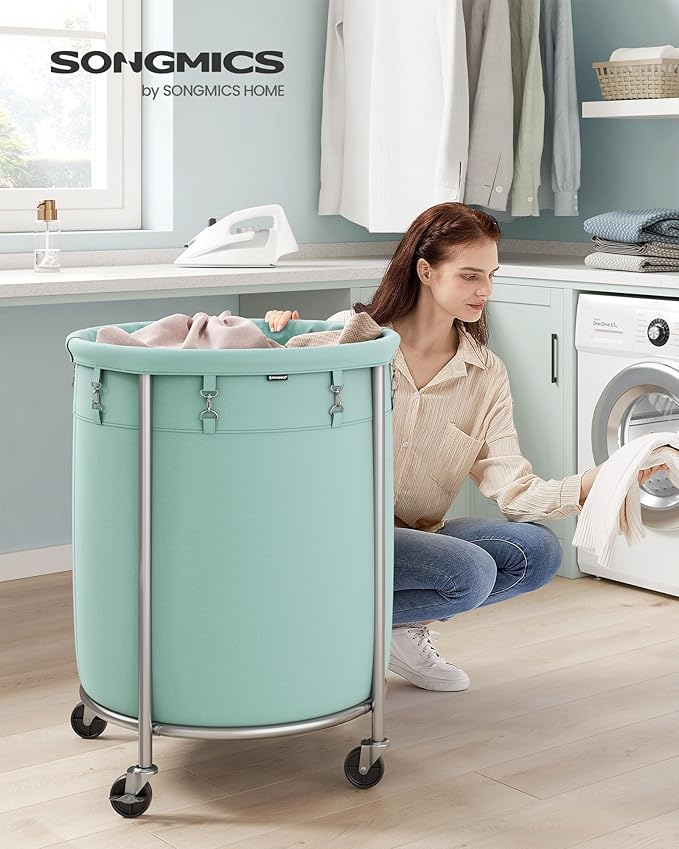 SONGMICS Laundry Basket with Wheels, Rolling Round Laundry Hamper Cart, 45 Gal. with Steel Frame and Removable Bag, 4 Casters and 2 Brakes, Mint Green and Metallic Silver URLS001C01