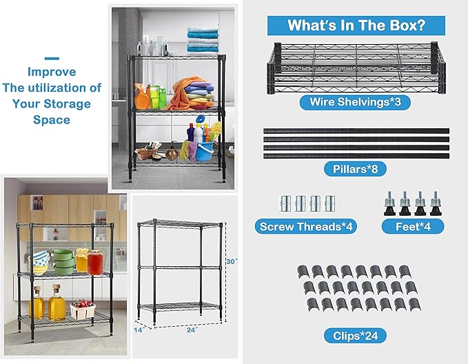 3-Tier Shelf Organizer - Metal Wire Shelving Unit, Height Adjustable, Bathroom & Kitchen Storage Shelves, NSF Certified