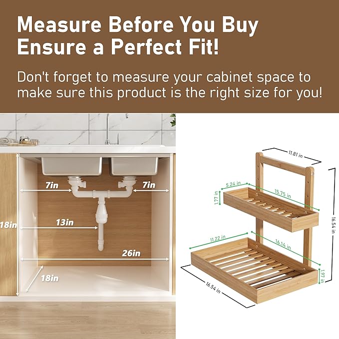 Bamboo Under Sink Organizer and Storage, 2 Tier Pull Out Cabinet Organizer, Slide Out Under Sink Storage Shelf, Undersink Organizers Shelves for Kitchen Bathroom Organization (Nature, 1 Pack)-NeatNest