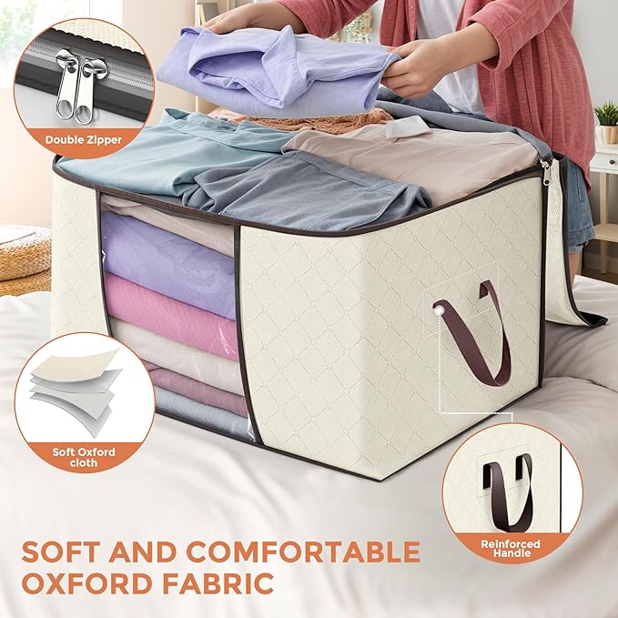 90 L Large Storage Bags, 6 Pack Clothes Storage Bins Foldable Closet Organizers Storage Containers with Reinforced Handle for Clothing, Blanket, Comforters, Bed Sheets, Pillows and Toys (Beige)-NeatNest