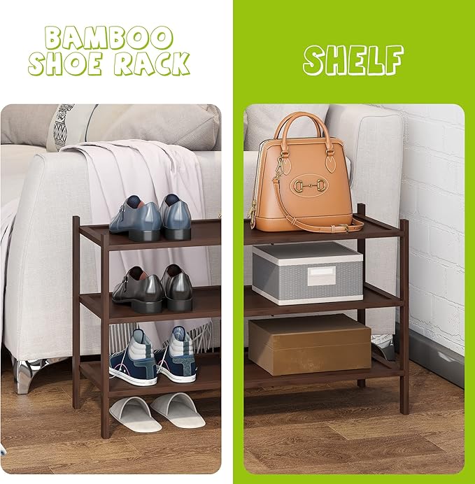 BMOSU 3-Tier Bamboo Shoe Rack Premium Stackable Shoe Shelf Storage Organizer for Hallway Closet Living Room Entryway Organizer(Brown)-NeatNest