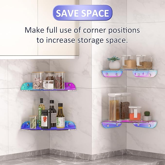 9.5x9.5 Inch Acrylic Corner Floating Shelf Set of 2, Iridescent Corner Wall Shelf for Home Décor, Speakers, Security Cameras, Toileries, Plants, Figures, Cosmetics, Books