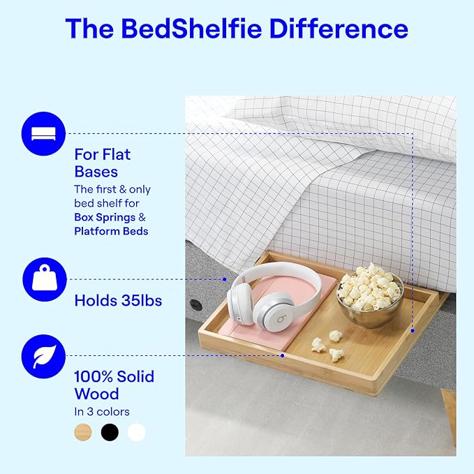 BedShelfie Bedside Shelf for Bunk Bed & Top Bunk, College Dorm Room & Loft Nightstand, Floating Bed Side Table Tray Storage - Natural Wood Slide-NeatNest