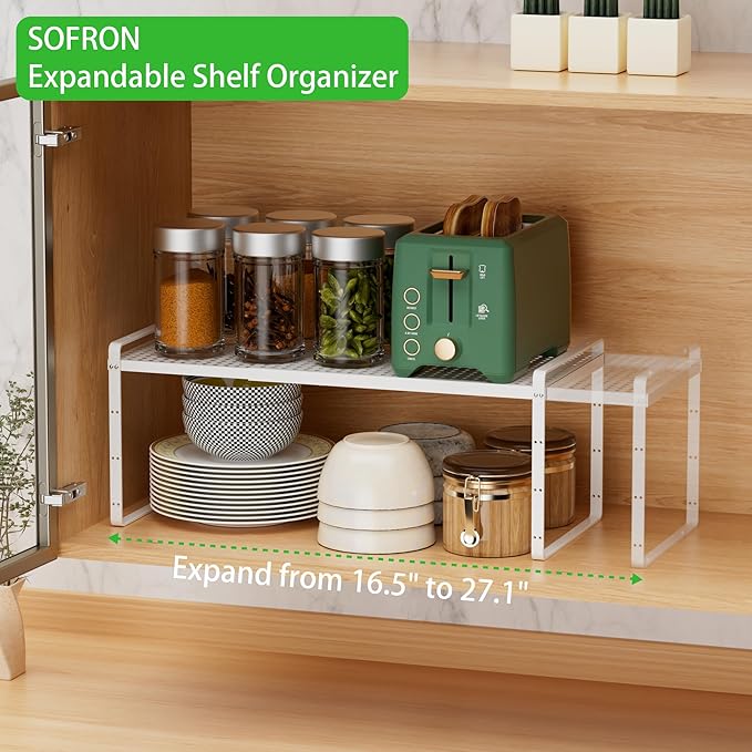 Expandable Cabinet Storage Shelf Stackable Organizer Rack for Kitchen Bathroom Pantry Spice Cupboard Coffee Countertop Home Office Desk Heavy Duty Nonslip White Small 2 Packs-NeatNest