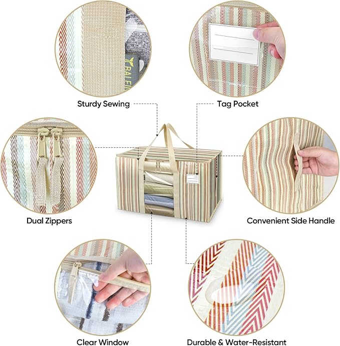 BALEINE 2-Pack Oversized Moving Bags with Reinforced Handles, Heavy-Duty Storage Tote for Clothes, Moving Supplies (Color Stripe with Window, 2-Pack)-NeatNest