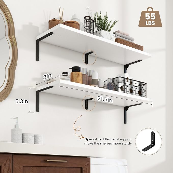 Fun Memories Deep Floating Shelves, 32W x 8D Floating Shelves Set of 2, Wall Mounted Shelf with Metal Brackets, Rustic Wood Wall Shelf for Bathroom, Kitchen and Living Room, White-NeatNest