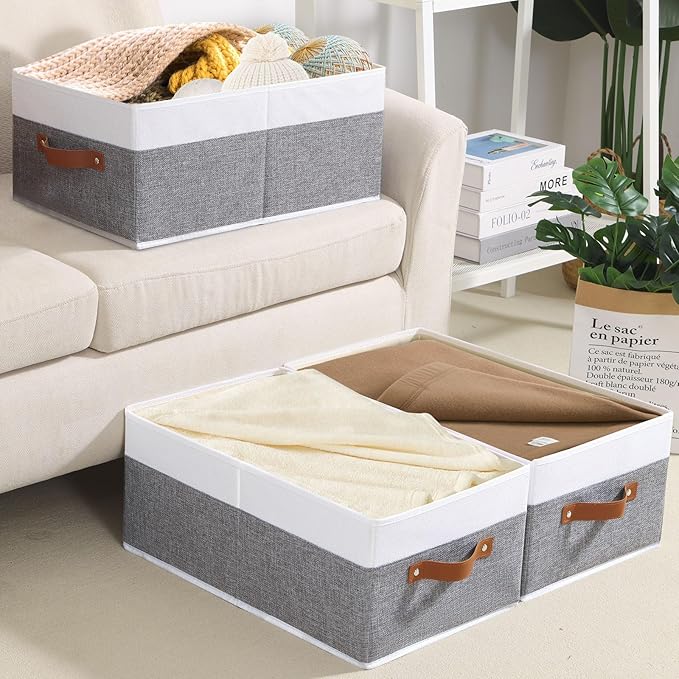 Foldable Storage Bins, 16.1 × 9.8 × 6.5 inch Closet Bin with Handles, Fabric Clothes Boxes for Drawers, Baskets for Organizing Shelves, 4 Pack, White and Grey-NeatNest