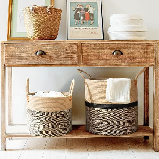 CHICVITA Extra Large Jute Woven Storage Basket with Handles – Laundry Basket Toy Towels Blanket Basket Home Decor Gift, 16" x 16", Black-NeatNest