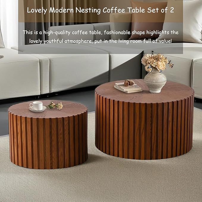 Modern Round Nesting Coffee Table Set of 2, Vertical Stripe Design Drum Coffee Table Cocktail Table, Round Side Table for Living Room, Bedroom, Office, Balcony (J15.0+18.9")