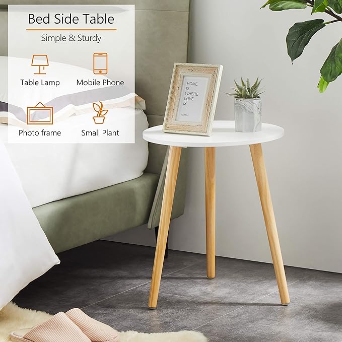 Apicizon Round Side Table, White Bedside Table Coffee End Table for Bedroom, Living Room, Small Spaces, Easy Assembly Nightstands with Natural Wood Legs, 16.5 x 20.5 Inches-NeatNest