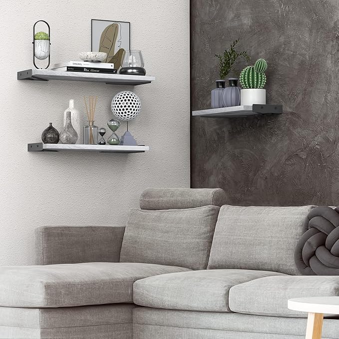 BAYKA Wall Shelves for Bedroom Decor, Floating Wall Shelves for Living Room Kitchen Storage, Wall Mounted Rustic Wood Floating Shelves for Kids Books,Corner Shelves for Bathroom(White,Set of 3)-NeatNest