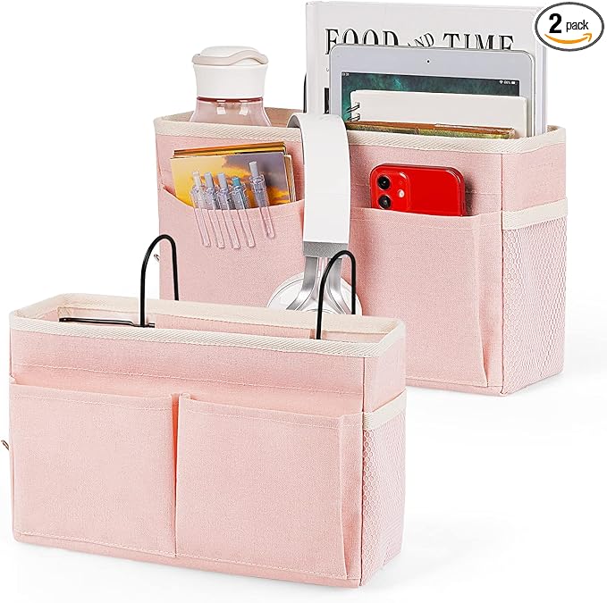 Bedside Caddy Bedside Storage Organizer Hanging Bunk Bed Dorm Room with Side Pockets for Water Bottles, Books, Cell Phones, Headphones 2 Pack (Pink)-NeatNest